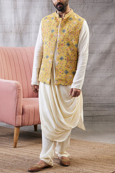 Yellow artsy print bandi and draped kurta set