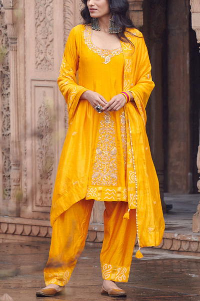 Yellow asymmetrical embroidered kurta set