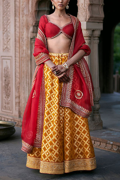 Yellow banarasi bandhej lehenga set
