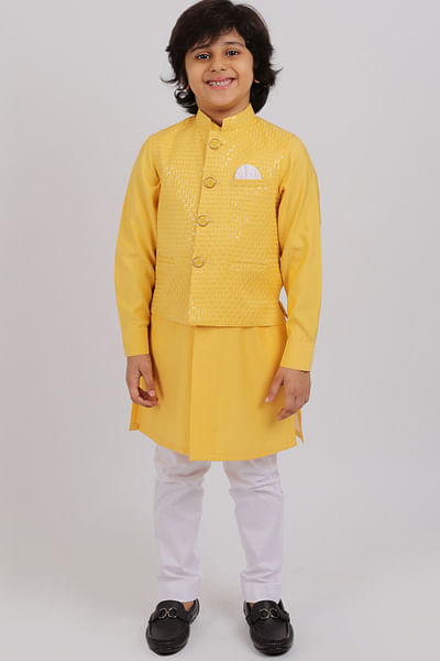 Yellow banarasi jacquard bandi kurta set