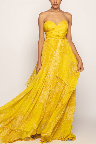 Yellow bandhani print layered gown