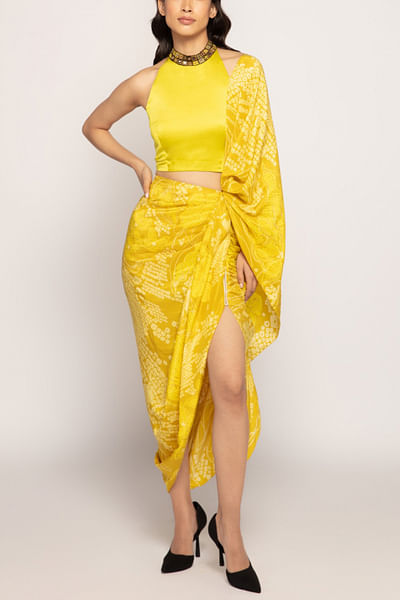 Yellow bandhani print skirt saree