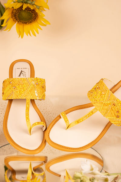 Yellow bead and sequin embellished kolhapuri flats