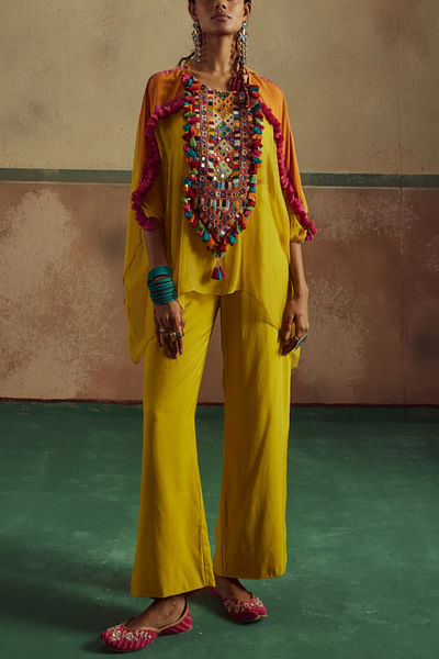 Yellow boho embroidery cape and pants