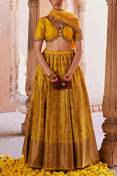 Yellow brocade banarasi lehenga set