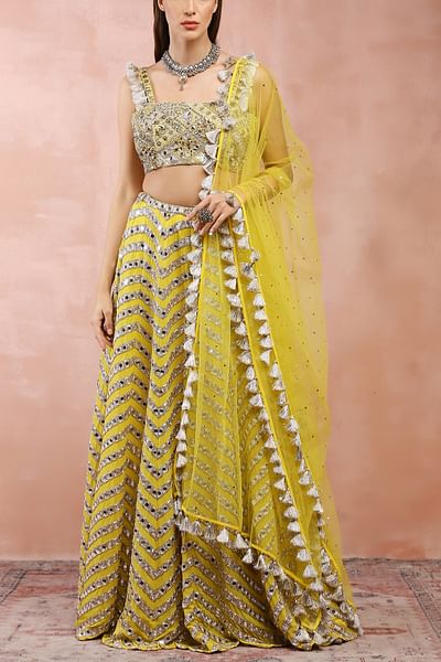 Yellow chevron mirror embroidery lehenga set