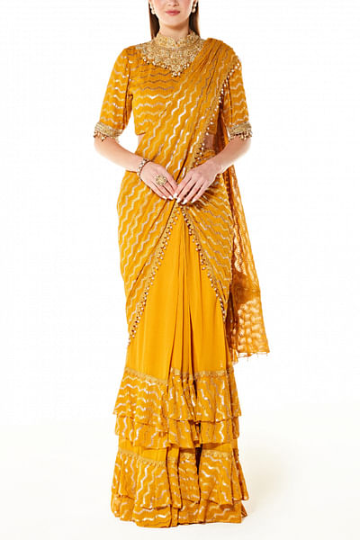 Yellow chevron sequin embellished sari set