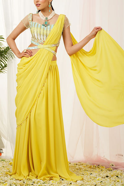 Yellow conceptual draped saree set