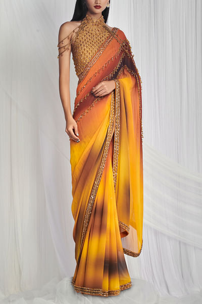 Yellow crystal embellished ombre sari set