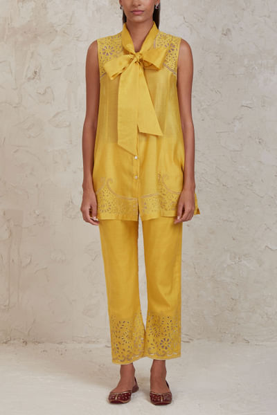 Yellow cutwork embroidered co-ords