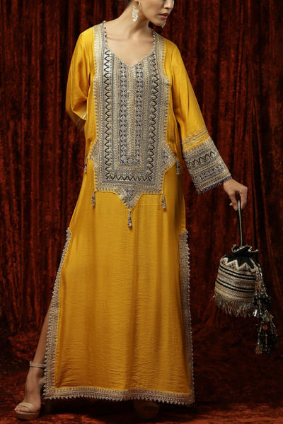 Yellow dori and gota embroidered kaftan