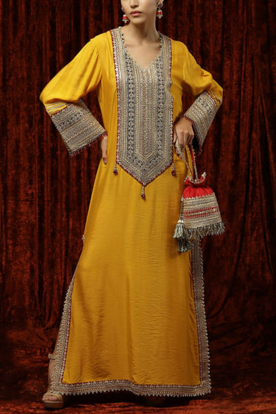 Yellow dori embroidered kaftan