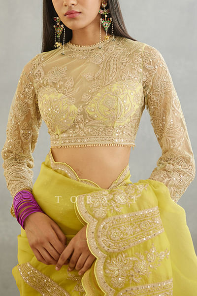 Yellow dori embroidery raw silk blouse