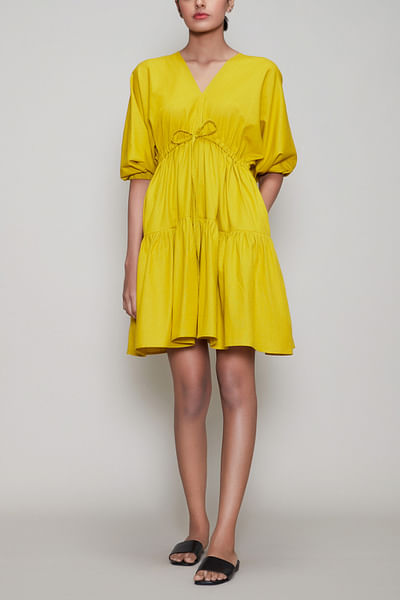 Yellow drawstring detailed tiered dress