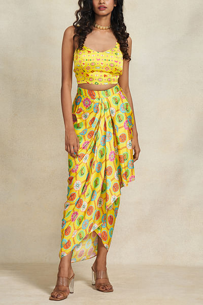 Yellow elephant print sarong draped skirt