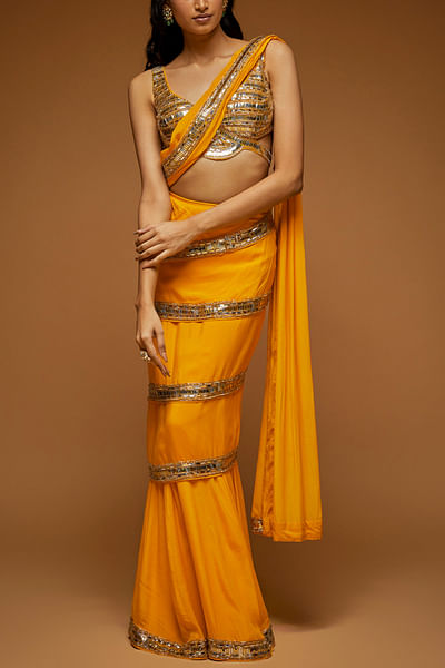 Yellow embellished concept sari set