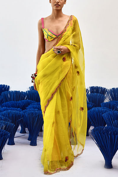 Yellow embellished sari set