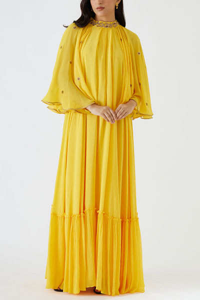 Yellow embroidered cape dress