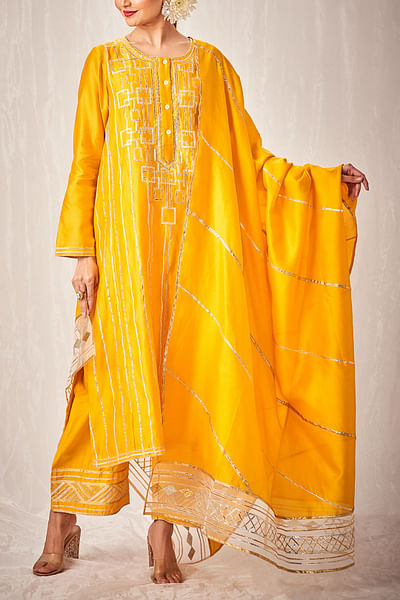 Yellow embroidered chanderi silk pants