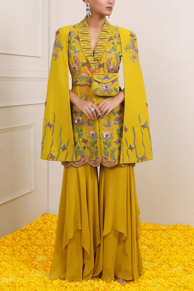 Miku Kumar Yellow embroidered jacket sharara set MKUJAN24D101