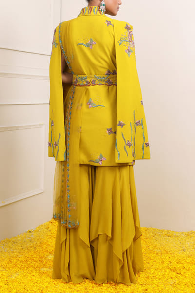 Miku Kumar Yellow embroidered jacket sharara set MKUJAN24D101