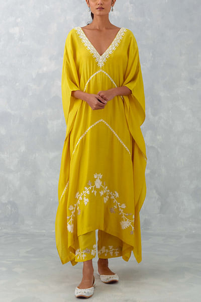 Yellow embroidered kaftan set