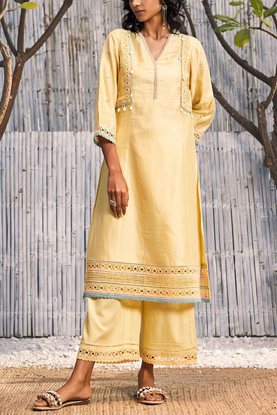 Yellow embroidered kurta and palazzo