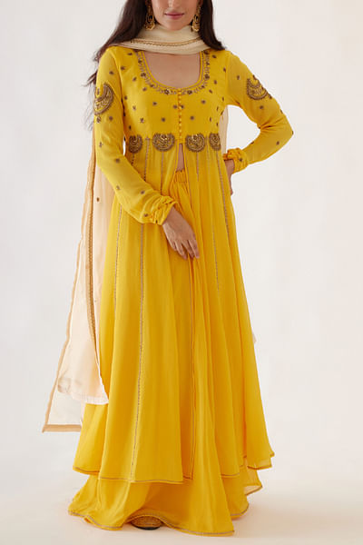Yellow embroidered kurta and sharara set