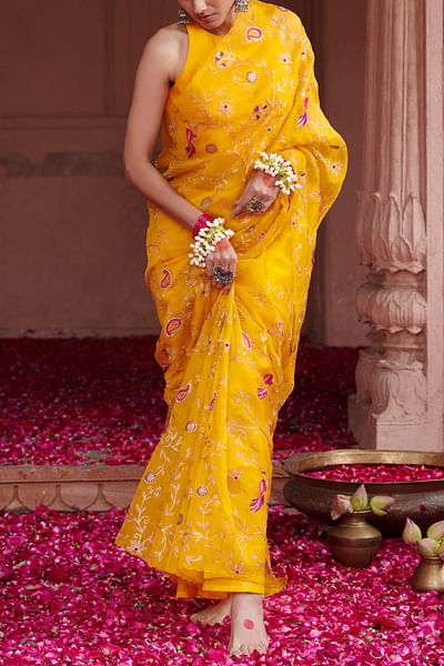 Yellow embroidered sari set