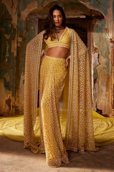 Yellow embroidered sari skirt set