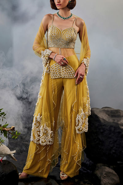 Yellow embroidered short kurta set