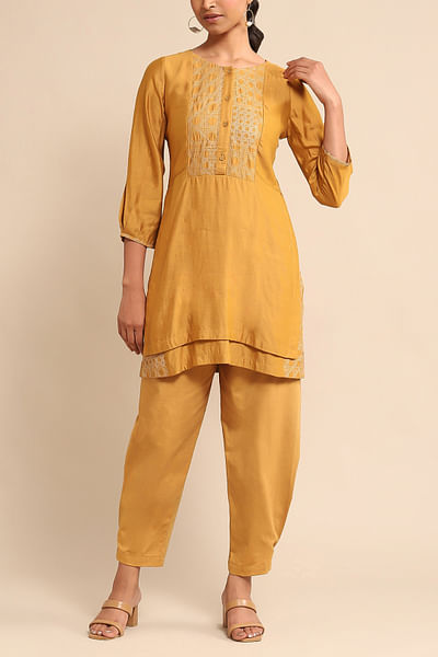 Yellow embroidered short kurta set