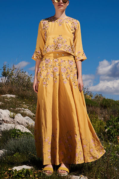 Yellow embroidered top and skirt