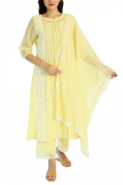 Yellow embroidered tunic set