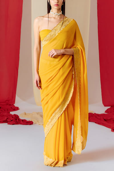 Ekaya Yellow floral banarasi cutwork sari set EKYJAN24D203