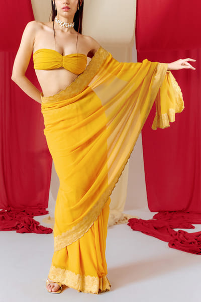 Ekaya Yellow floral banarasi cutwork sari set EKYJAN24D203