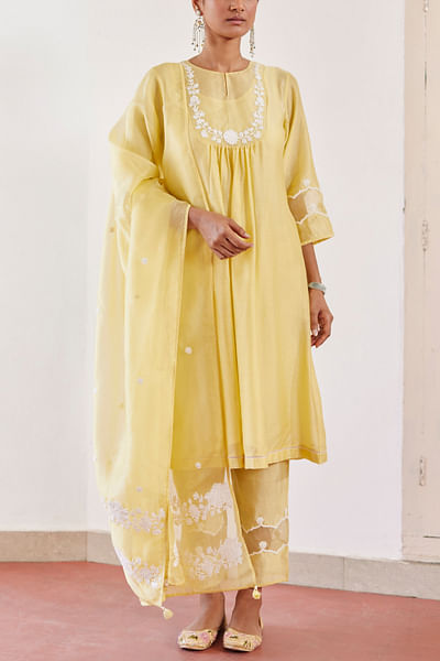 Yellow floral cord embroidered kurta set