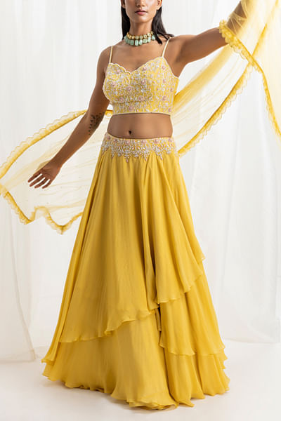 Yellow floral crystal and bead embellished layered lehenga set