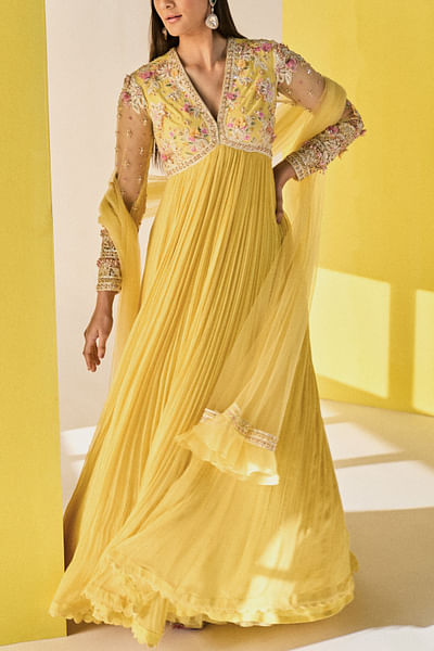 Yellow floral embroidered anarkali set