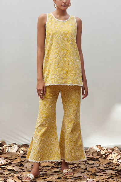 Yellow floral embroidered co-ords