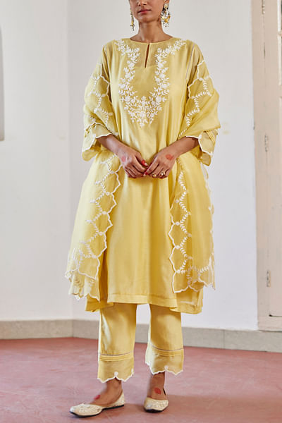 Yellow floral embroidered kurta set