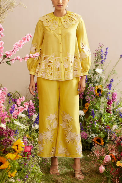 Chandrima Yellow floral embroidery and cutwork straight pants CHMFLRQ23022