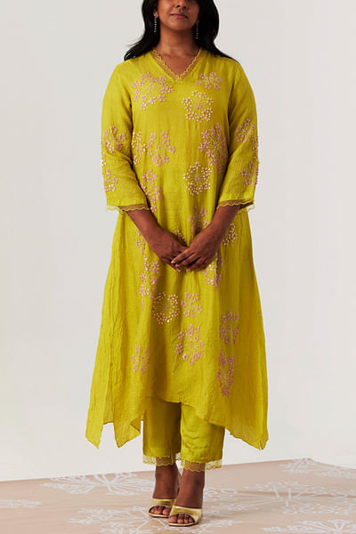 Yellow floral embroidery asymmetric kurta set