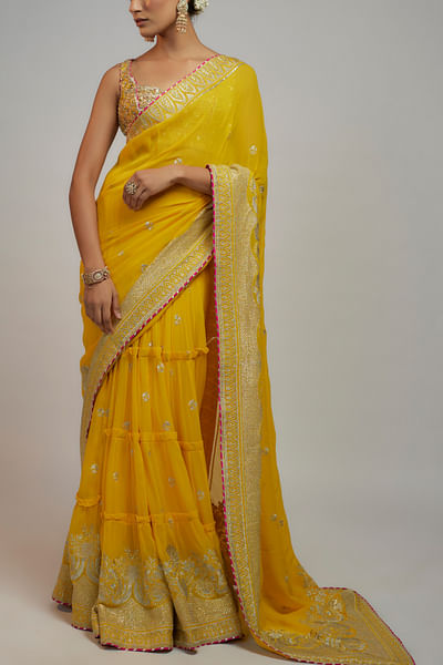 Yellow floral embroidery lehenga sari set