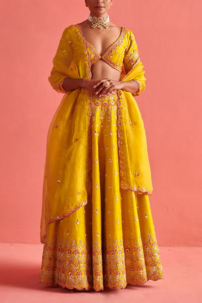 Yellow floral embroidery lehenga set