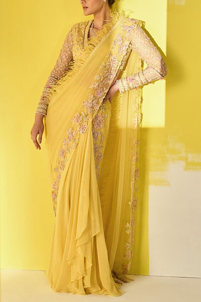 Yellow floral embroidery sari set