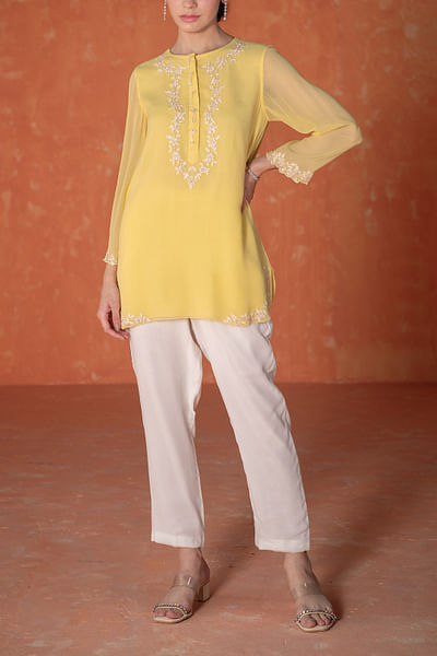 Yellow floral embroidery tunic