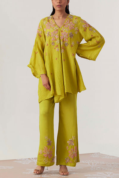 Yellow floral embroidery tunic set