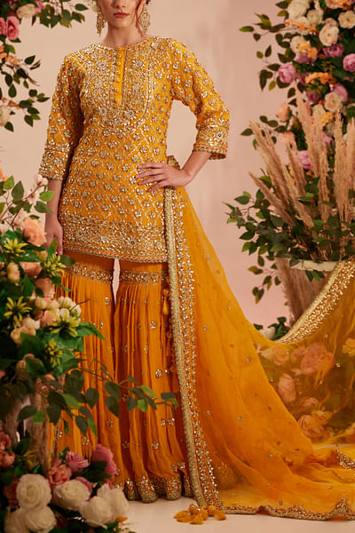 Yellow floral gota embellished gharara set