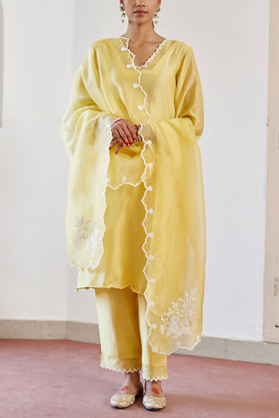Yellow floral motif embroidered kurta set